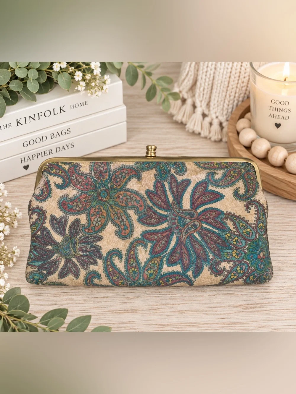 HOBO Lauren Paisley Leather Double-Frame Wallet Clutch | Teal Burgundy Floral